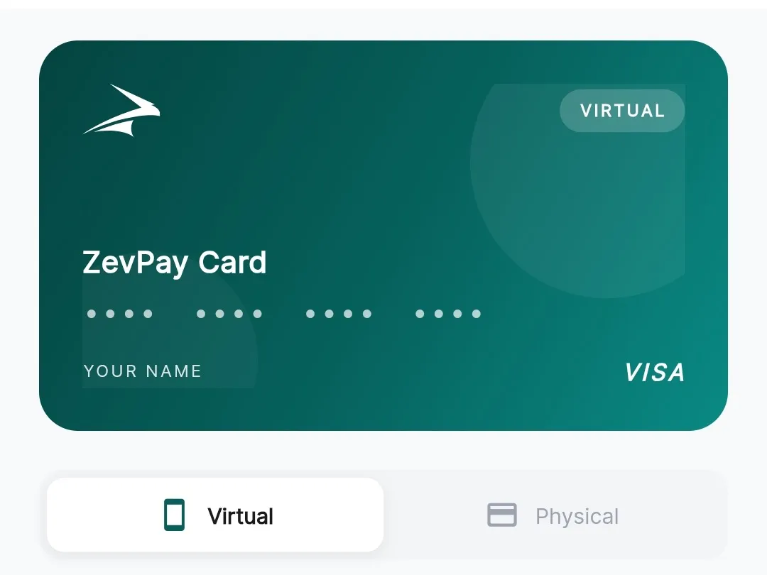The ZevPay virtual card in the app, with virtual and physical tabs