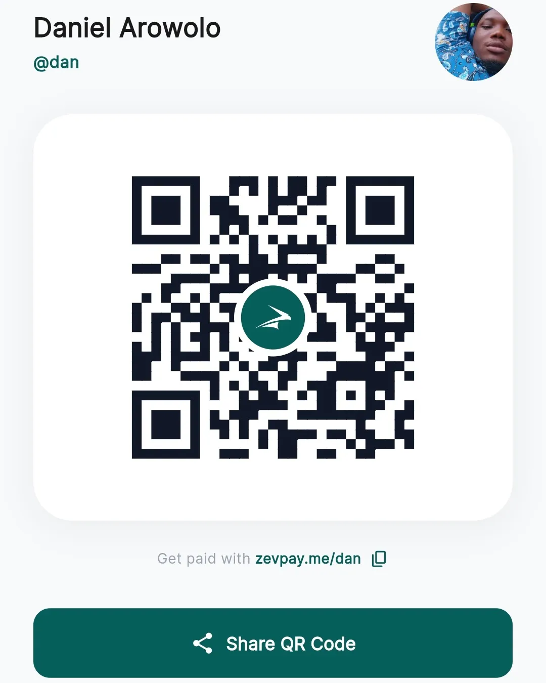 A personal ZevPay QR code and zevpay.me link in the app