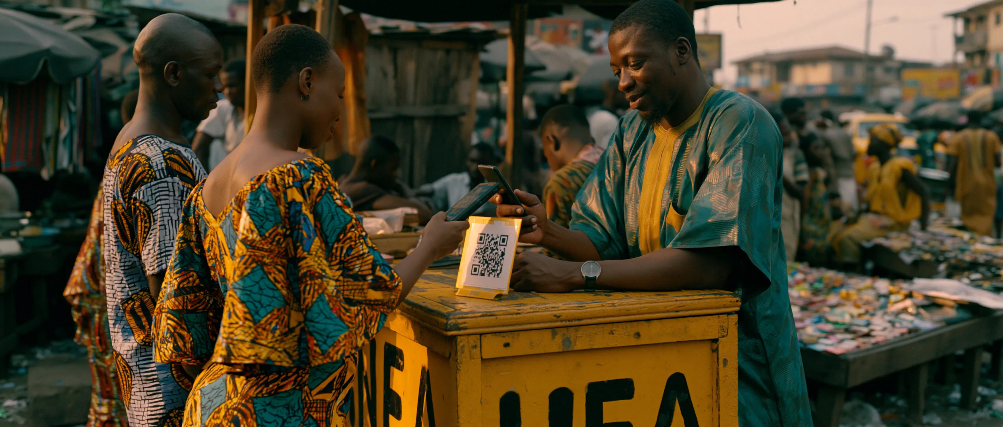 A trader and customer completing a QR payment at a Lagos street market